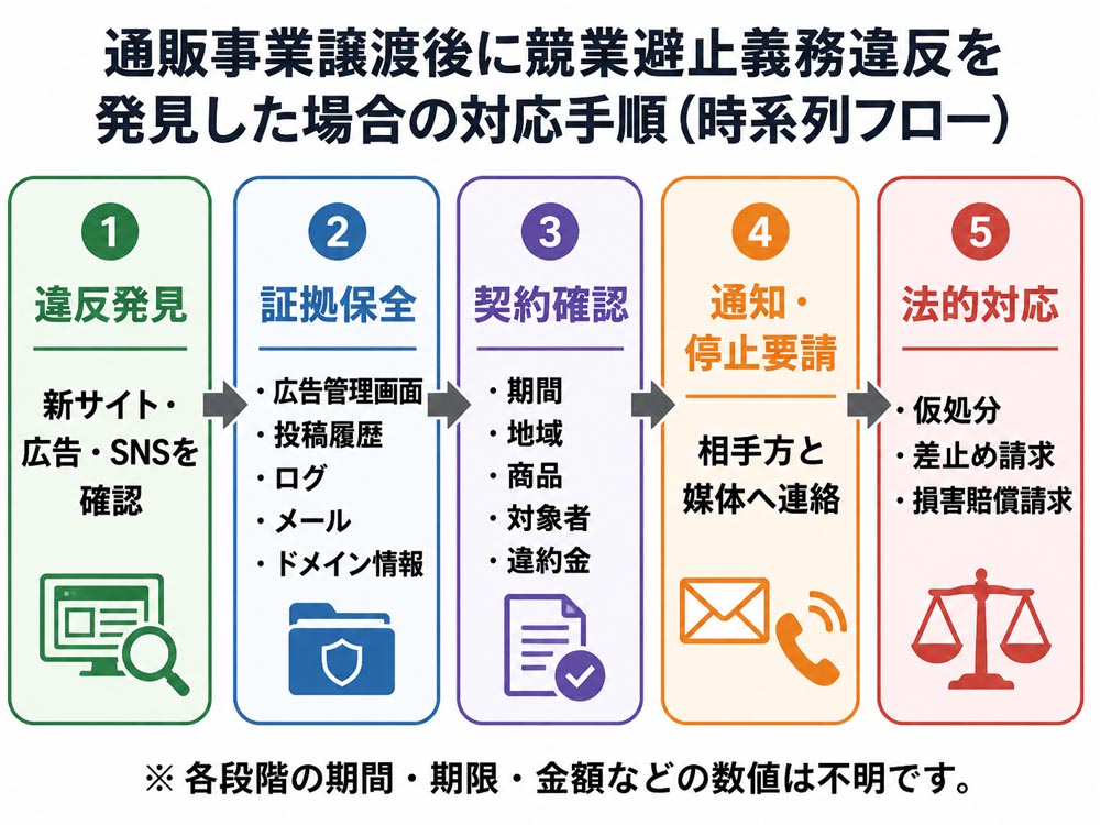 【文脈】通販事業譲渡後に競業避止義務違反を発見した場合の対応手順を時系列で整理するフロー図
