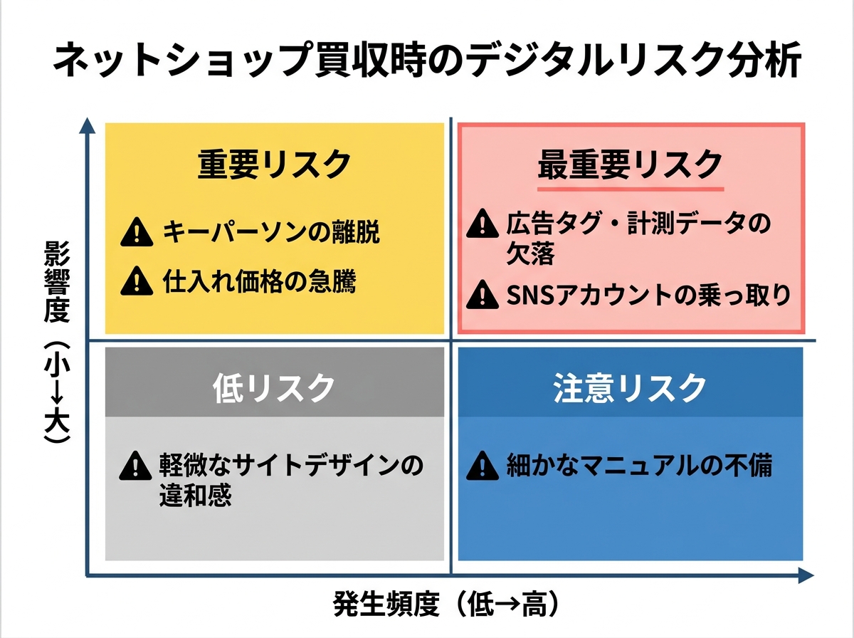 【文脈】ネットショップ買収時に見落としがちな「デジタルリスク」を3つのカテゴリで分類したマトリクス図