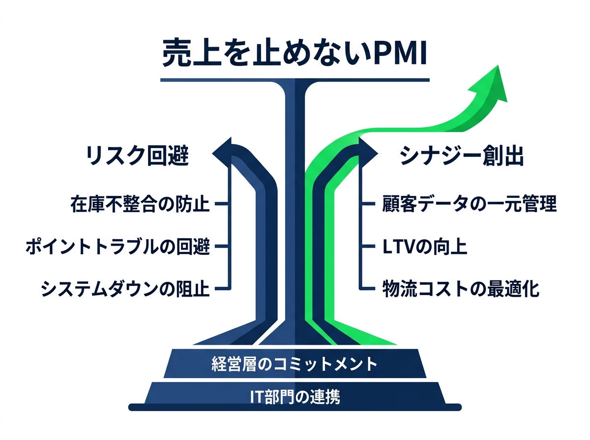 【文脈】EC事業の合併におけるシステム統合の成否が経営に与える影響を視覚化した構造図