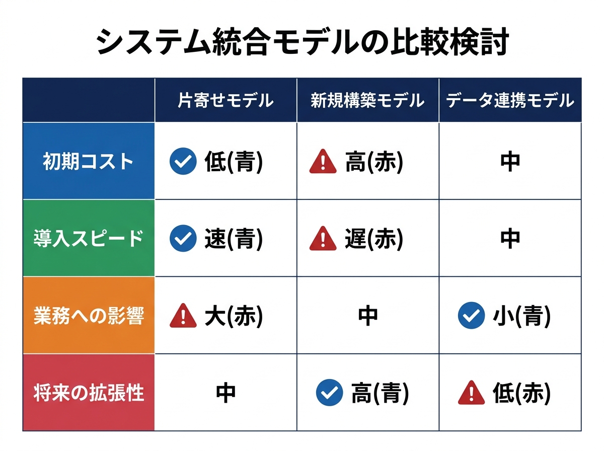 【文脈】3つのシステム統合モデルを比較検討するための比較表