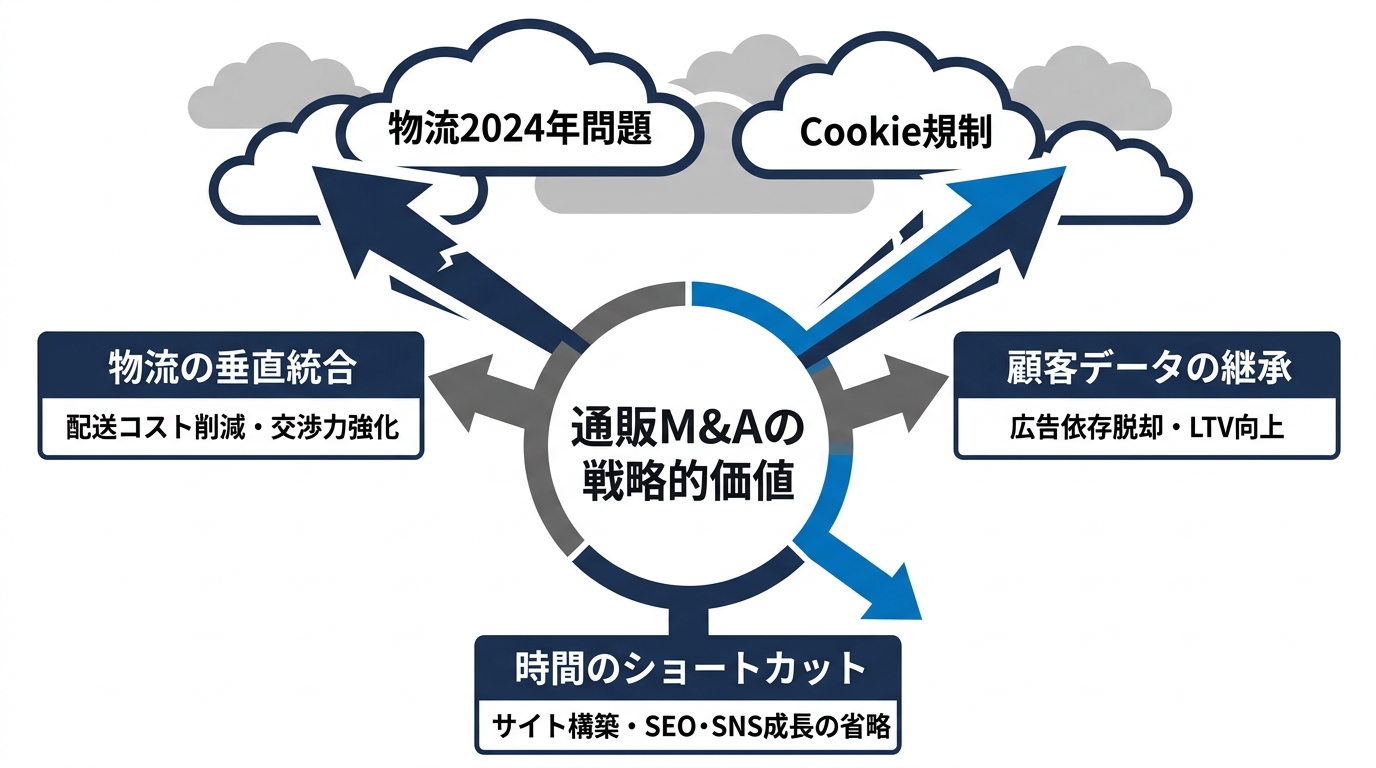【文脈】通販M&Aにおける買収側の3大戦略メリット（物流・データ・時間）を構造的に示した図