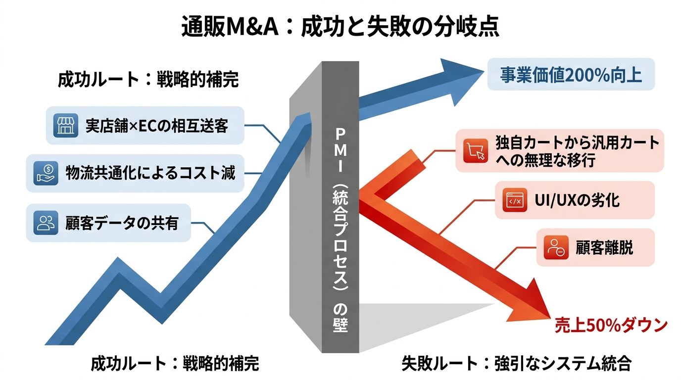 【文脈】通販M&Aにおける成功と失敗の分岐点を示す比較図