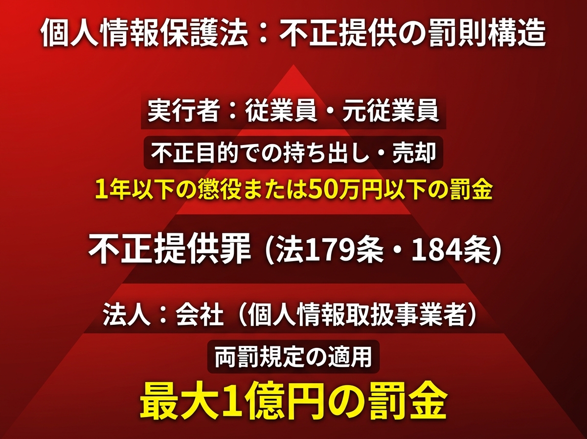 【文脈】個人情報保護法における不正提供の罰則構造（両罰規定）を解説する図
