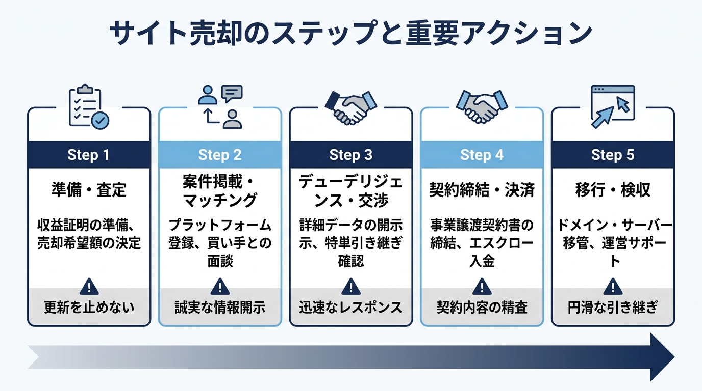 【文脈】サイト売却の査定から完了までのステップを時系列で示したフロー図