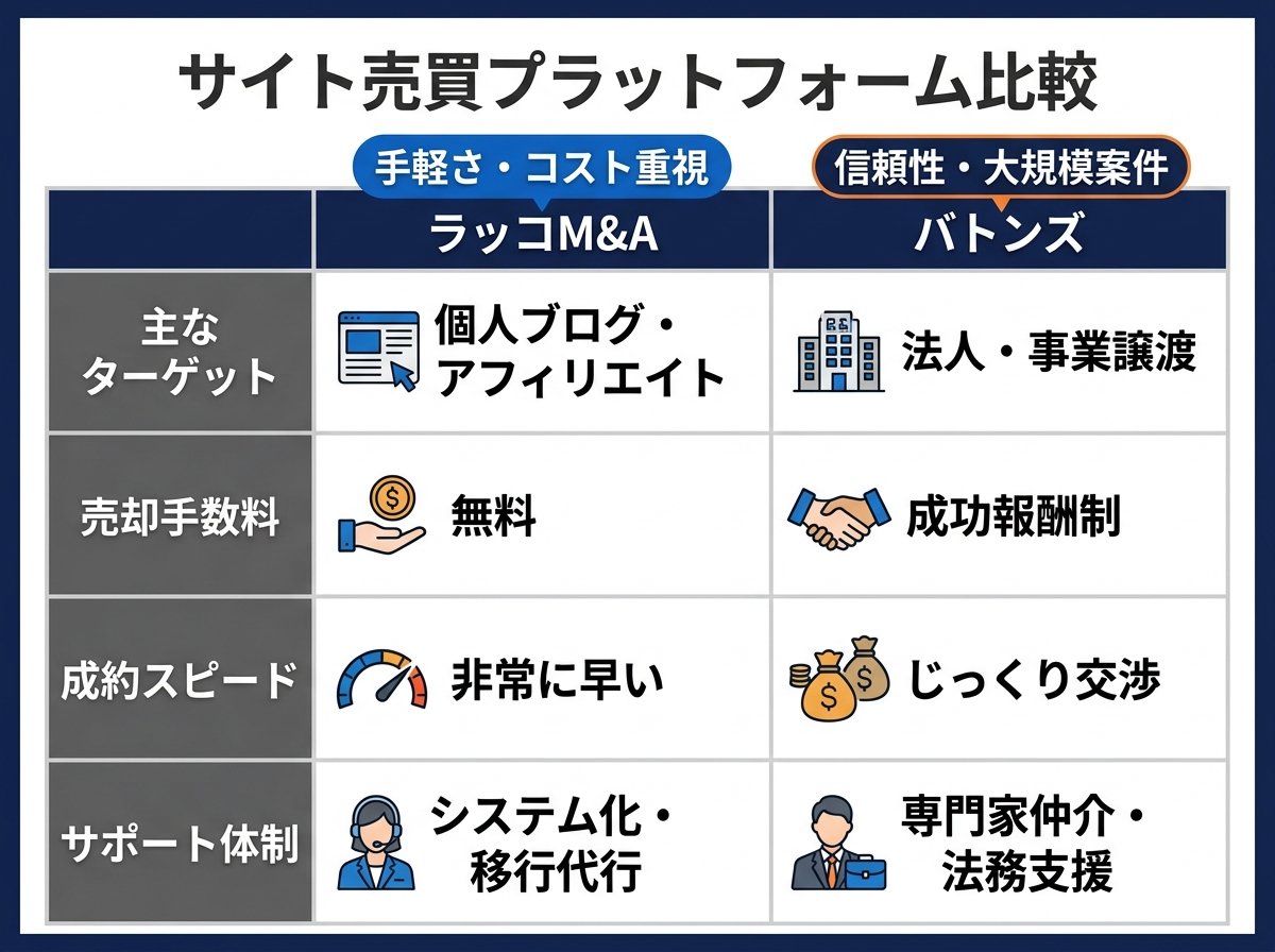 【文脈】主要なサイト売買プラットフォームである「ラッコM&A」と「バトンズ」の比較表