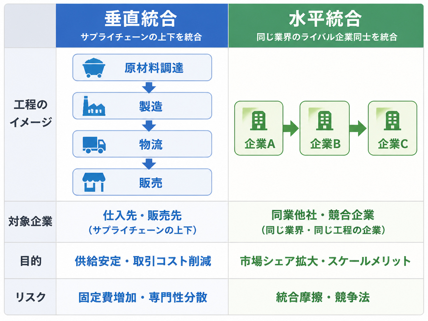 【文脈】垂直統合と水平統合の違いを冒頭で直感的に理解させる比較図