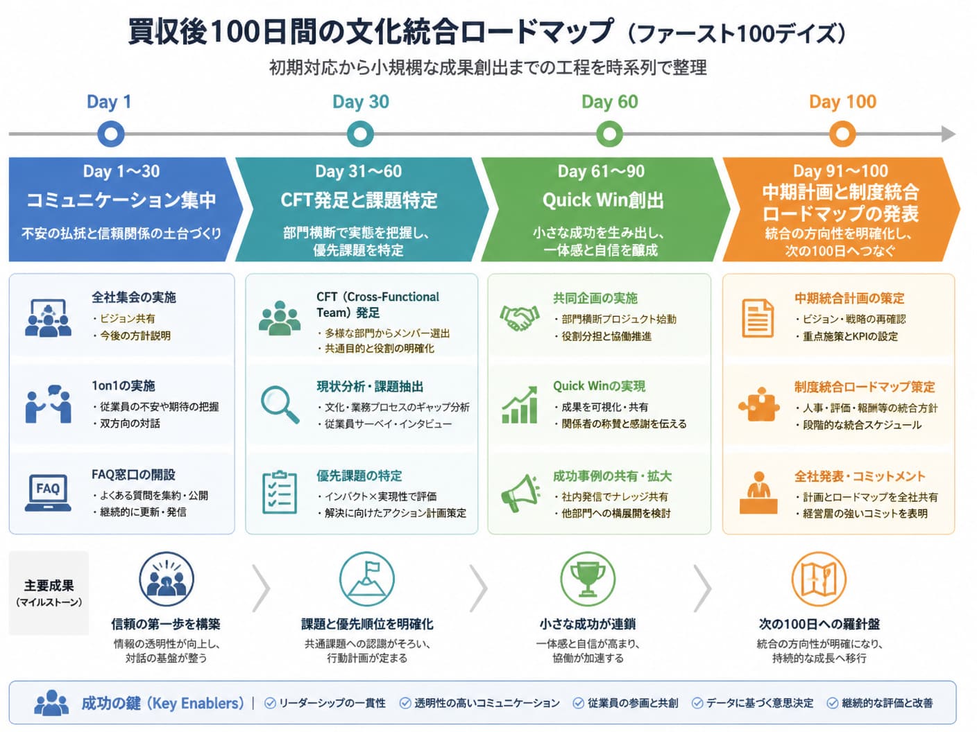 【文脈】買収後100日間（ファースト100デイズ）の文化統合ロードマップ