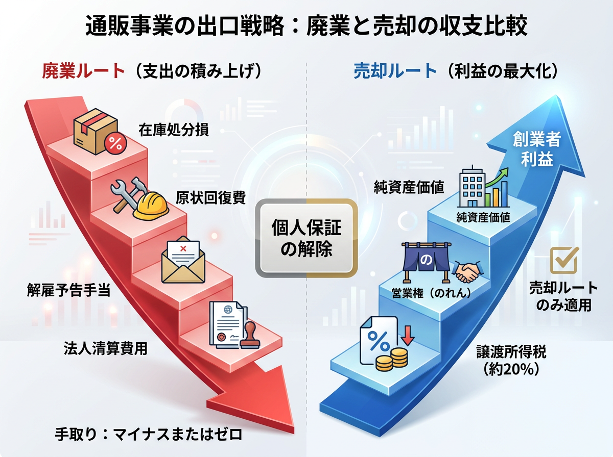 【文脈】通販事業を終了させる際の「廃業」と「売却（M&A）」における経済的な収支構造の違いを比較する図解