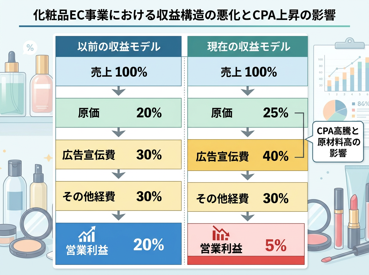 【文脈】化粧品EC事業における収益構造の悪化を視覚化する図