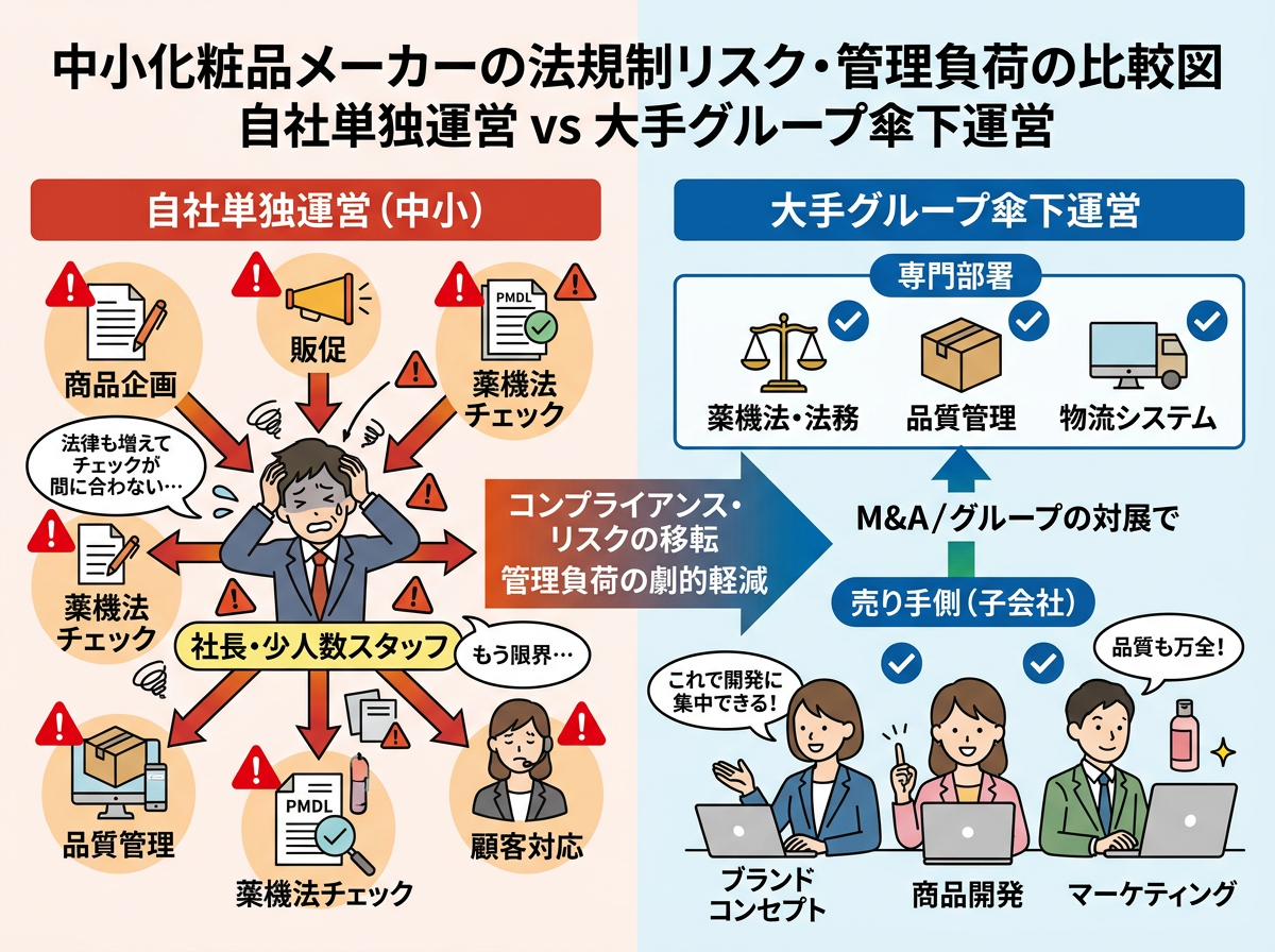 【文脈】中小化粧品メーカーが直面する法規制リスクと管理負荷の増大を説明する図