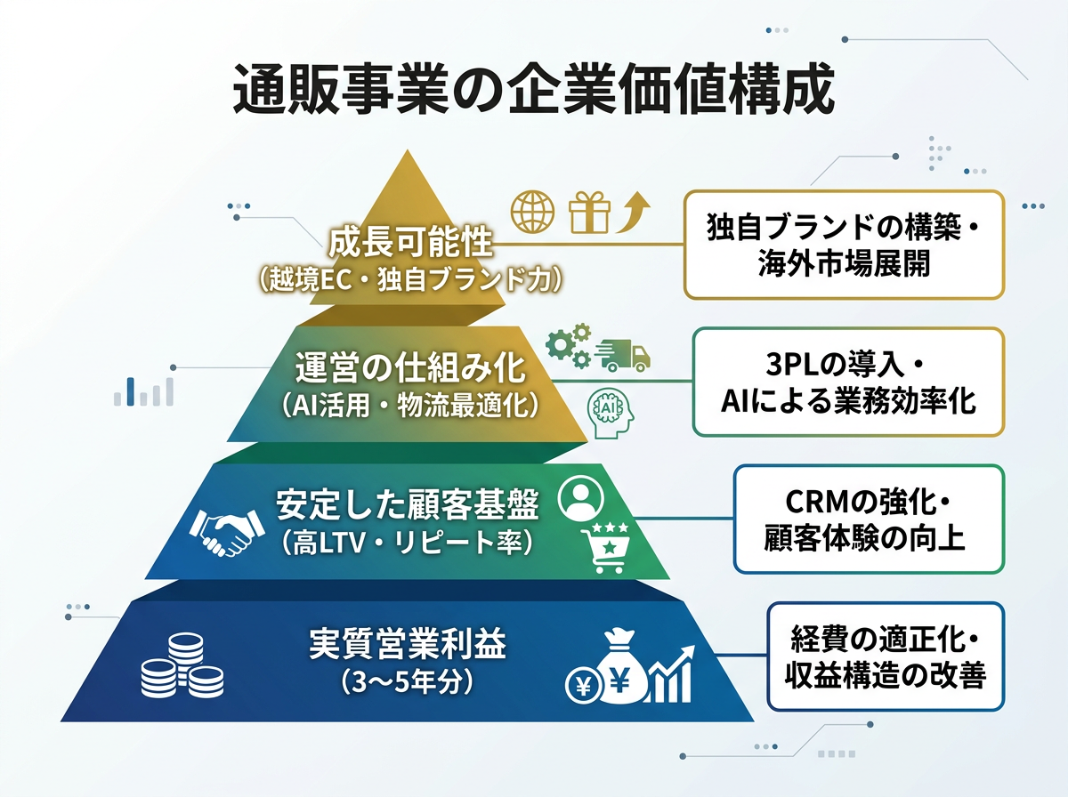 【文脈】通販事業の企業価値がどのように構成されるかを視覚化した階層図