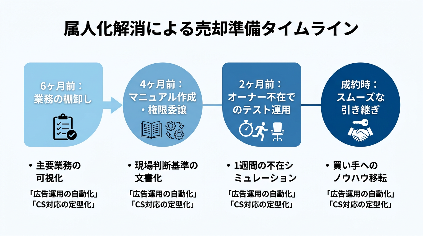 【文脈】売却準備として「属人化の解消」を進めるためのステップを示すタイムライン図