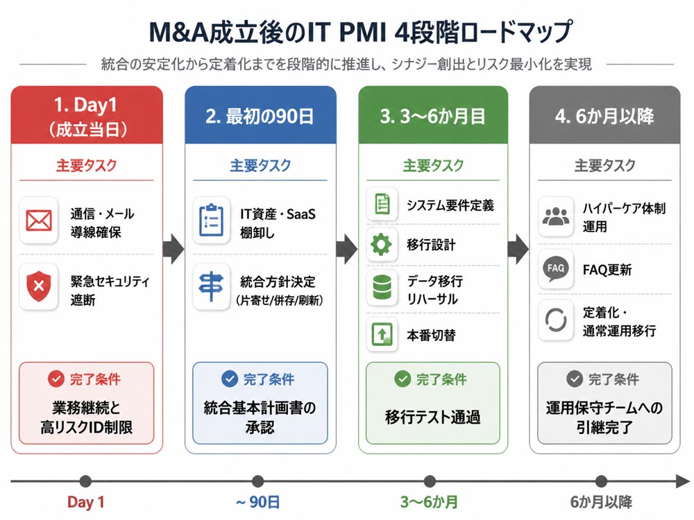 【文脈】M&A成立後のIT PMIにおける4段階ロードマップを示す図解