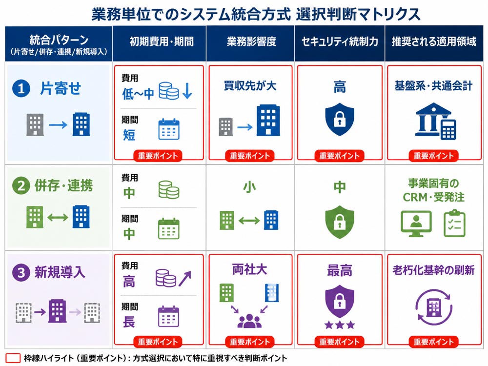 【文脈】業務単位でのシステム統合方式（片寄せ・併存・新規導入）を選択するための判断マトリクス