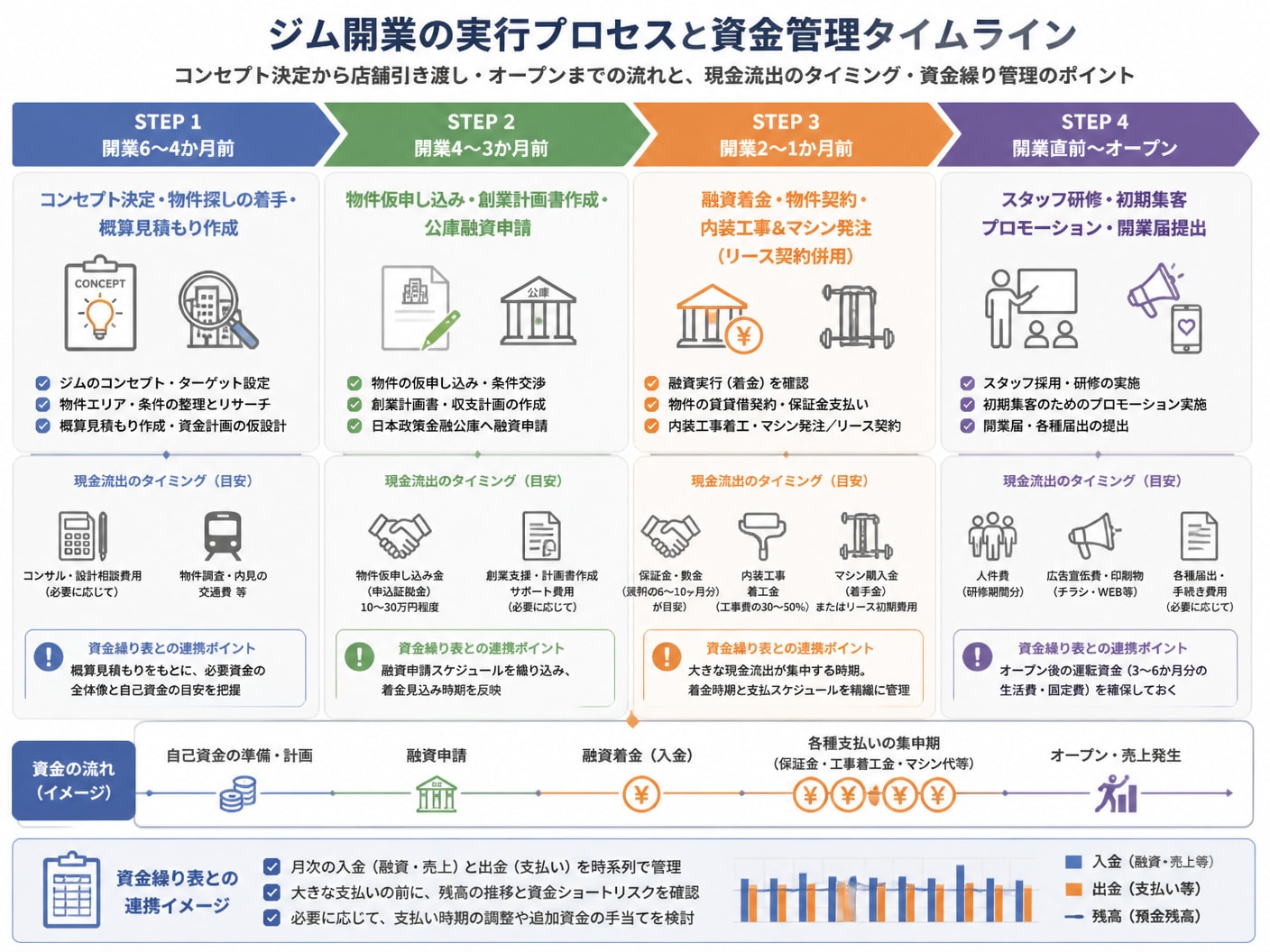 【文脈】ジム開業におけるコンセプト決定から店舗引き渡し・オープンまでの実行プロセスと