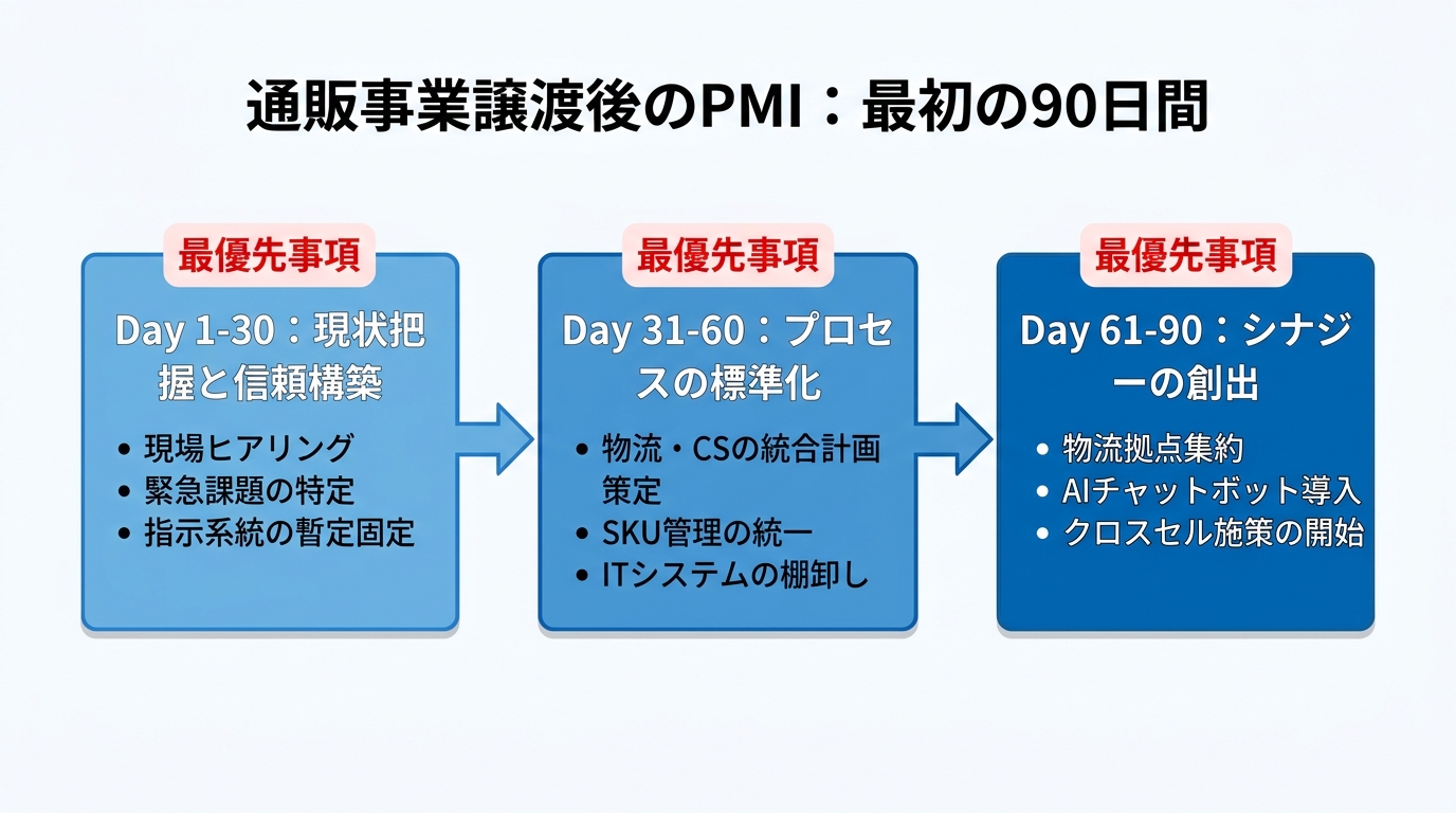 【文脈】通販事業譲渡後の最初の90日間におけるPMIの優先順位を視覚化したタイムライン