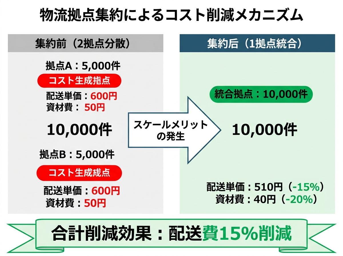 【文脈】物流拠点の集約によるコスト削減のメカニズムを説明する構造図