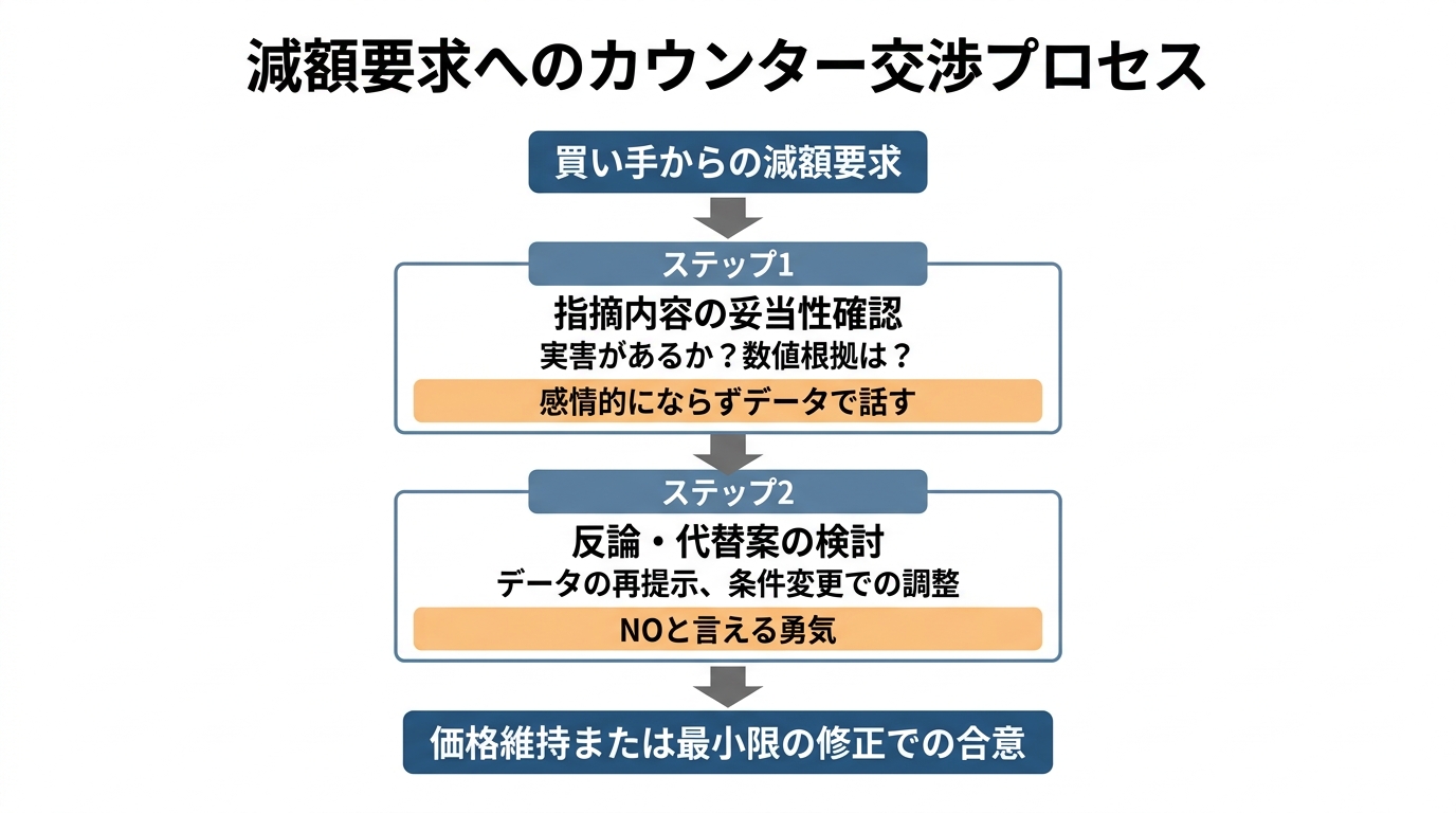 【文脈】デューデリジェンス（DD）における減額要求へのカウンター交渉のプロセスを視覚化する図解