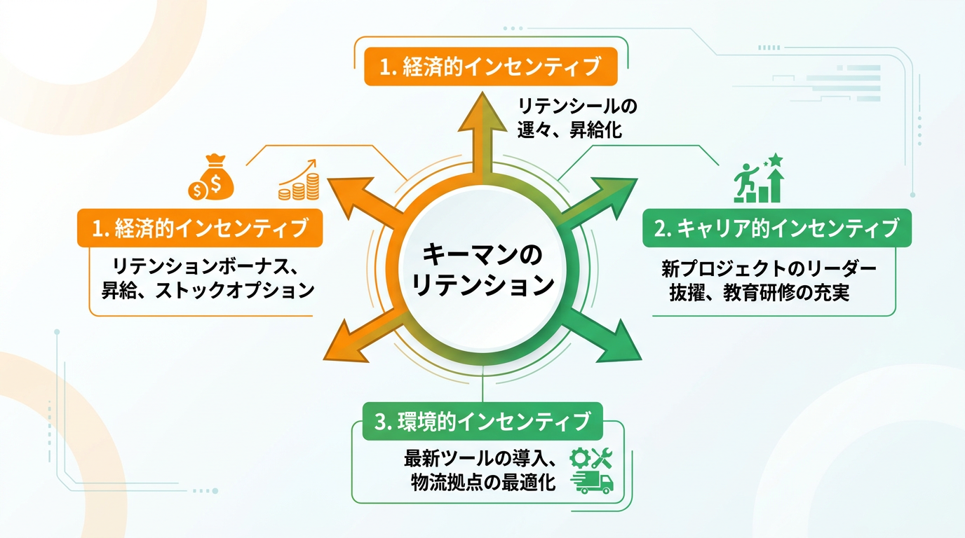 【文脈】キーマンを繋ぎ止めるための「インセンティブ設計」の3本柱を構造的に示す図