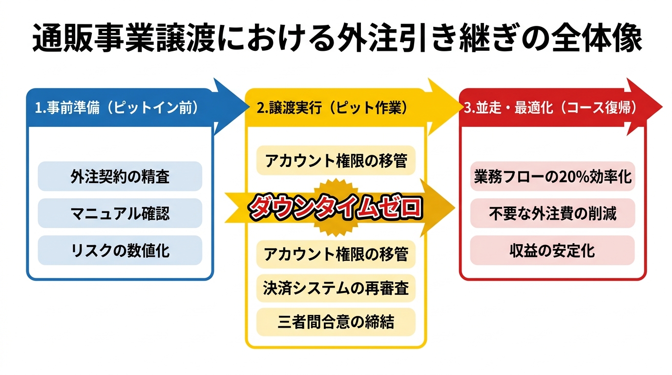 【文脈】通販事業譲渡における外注引き継ぎの全体像をF1のピット作業になぞらえて視覚化する図