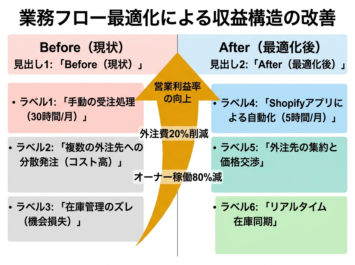 【文脈】通販事業の引き継ぎにおける「業務フローの最適化」によるコスト削減効果を説明する図