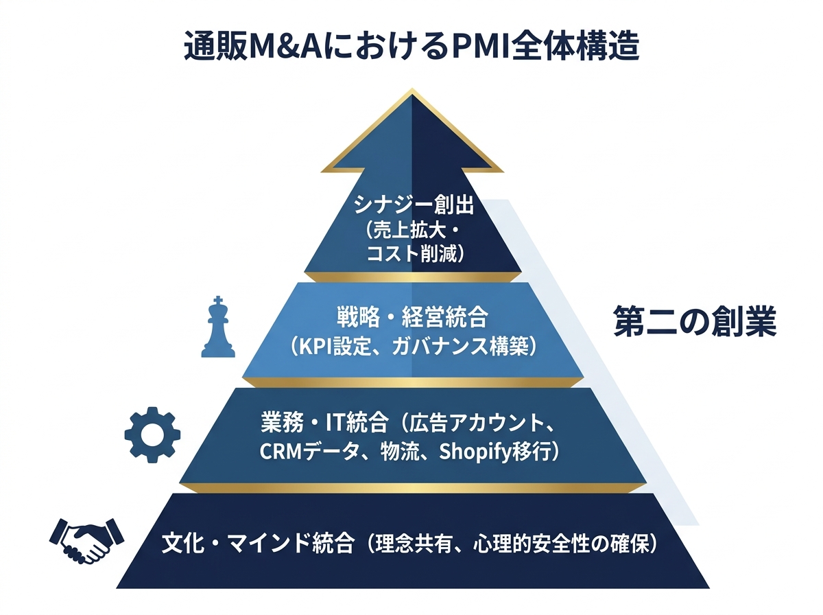 【文脈】通販M&AにおけるPMIの全体構造を視覚化する図