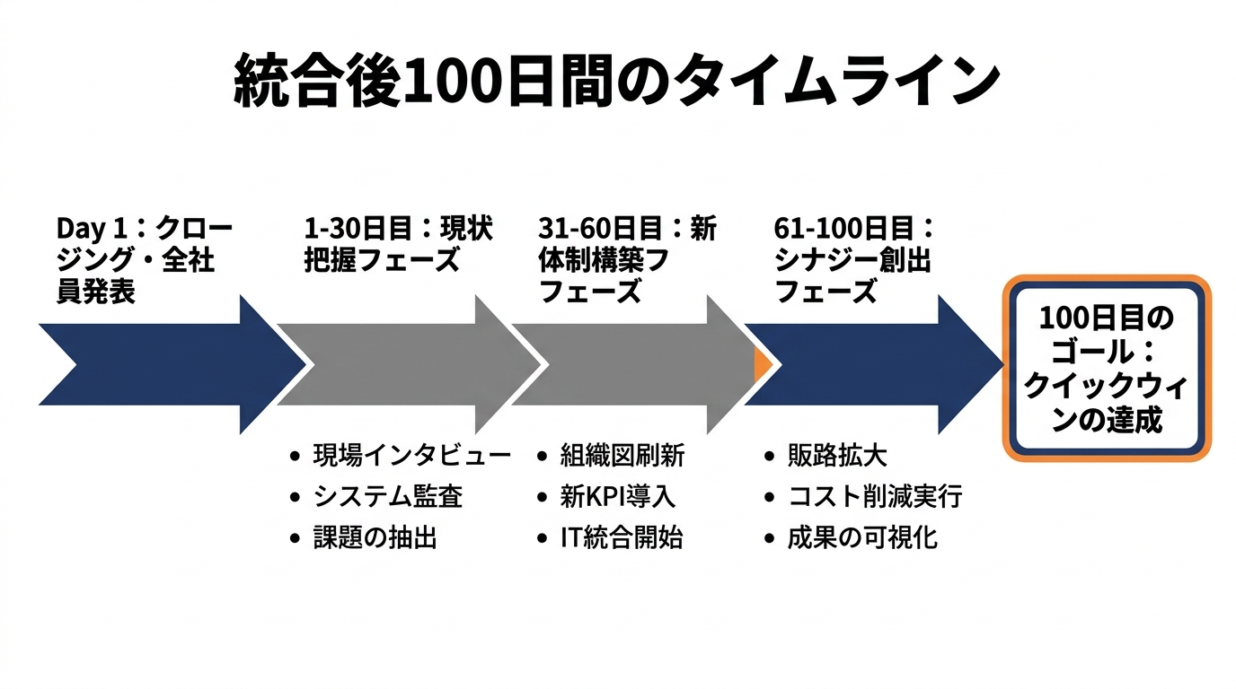【文脈】統合後100日間のタイムラインと主要アクションを整理する図