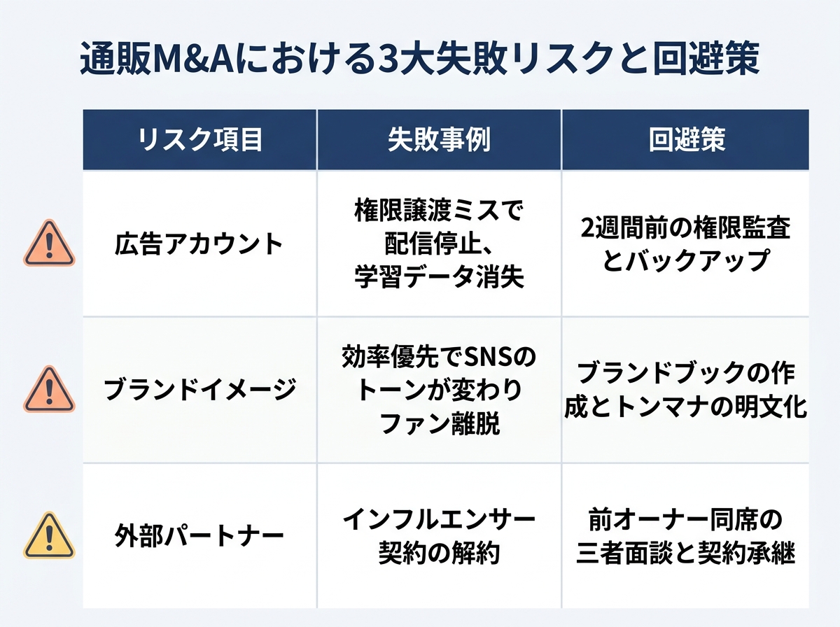 【文脈】通販M&Aの現場で発生しやすい「3大失敗リスク」とその回避策を比較形式で示す図