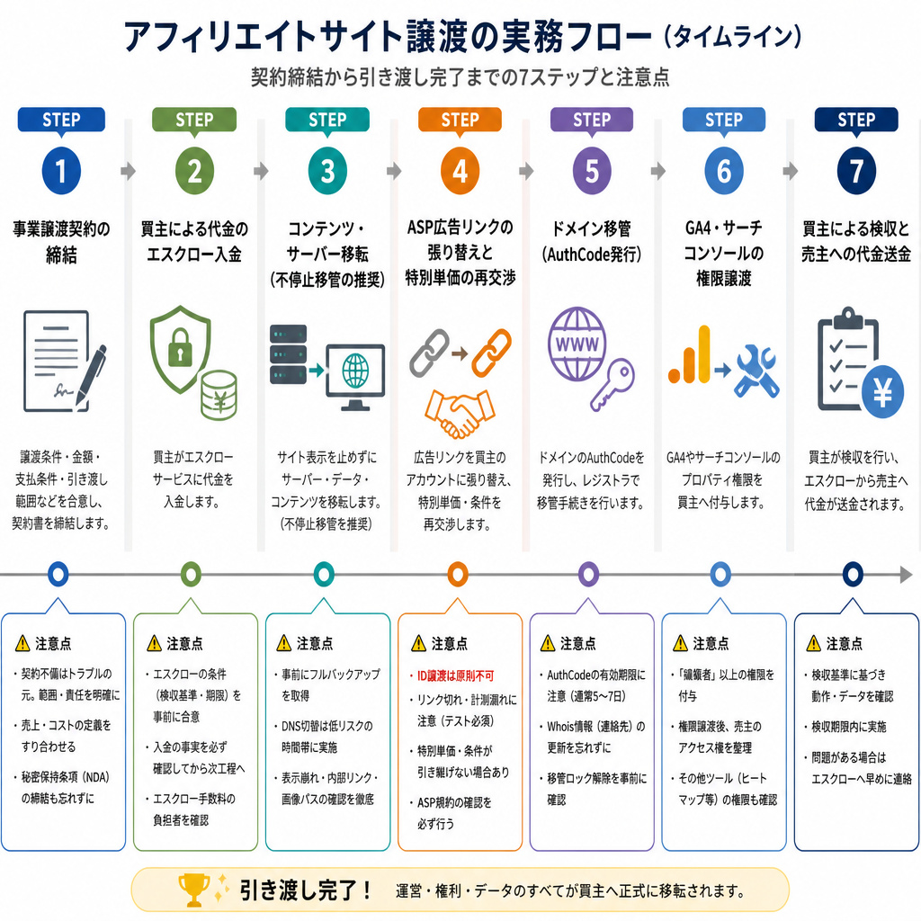 【文脈】アフィリエイトサイト譲渡の実務フローを時系列で整理する図