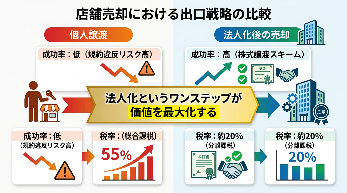 【文脈】個人事業主が店舗を売却する際の「直接譲渡」と「法人化後の売却」の税率と成功率の差を比較する図