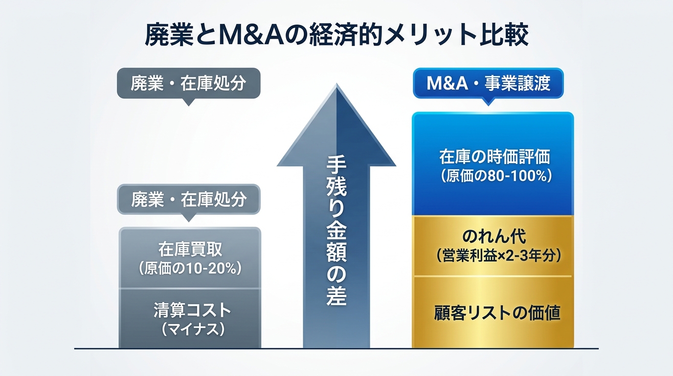 【文脈】通販事業の廃業（在庫処分）とM&Aによる売却における経済的メリットの差を視覚化する図解
