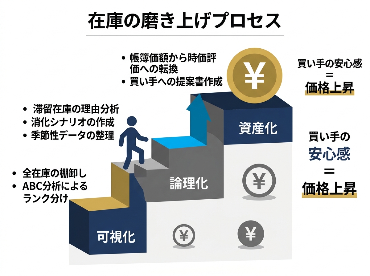 【文脈】M&A交渉前に実施すべき在庫の「磨き上げ」プロセスを構造化する図解