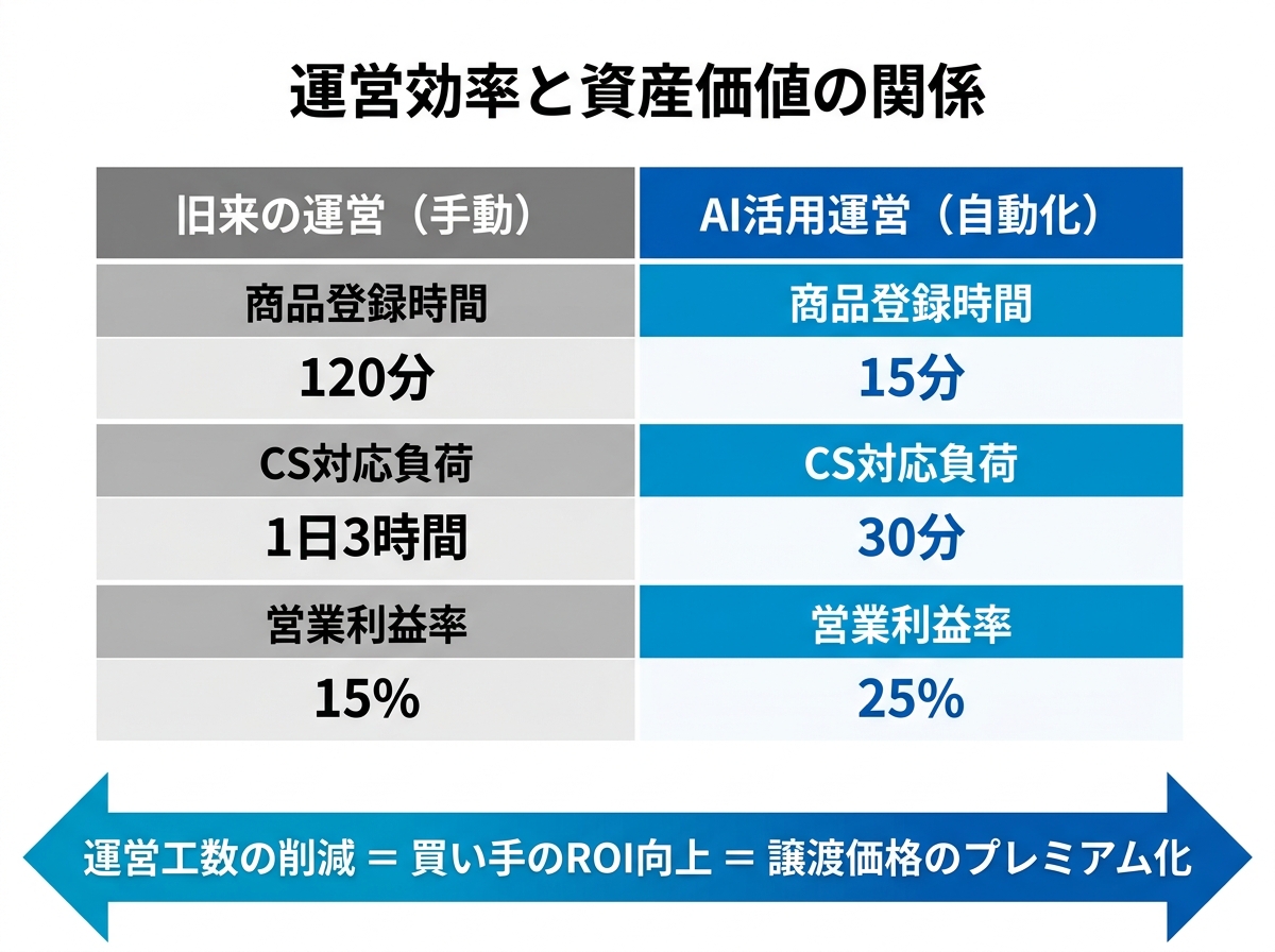 【文脈】運営工数の削減がどのように企業価値（譲渡価格）に変換されるかを説明する図