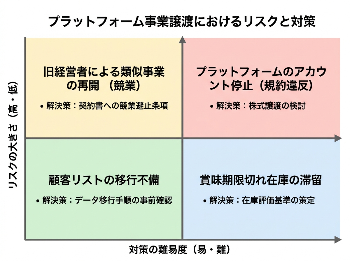 【文脈】楽天やAmazonなどのプラットフォームを利用した事業譲渡におけるリスクと対策を整理するマトリクス図