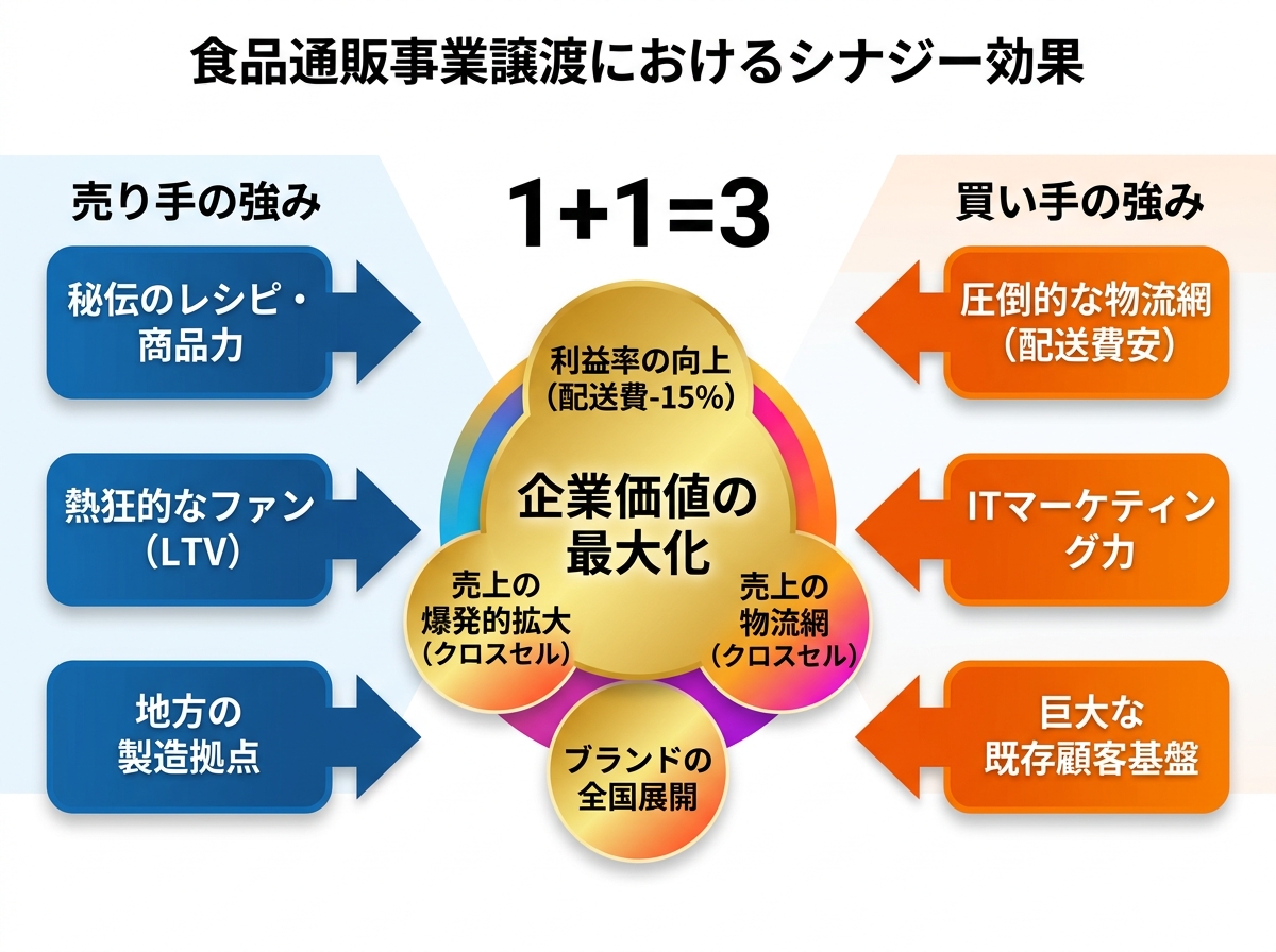 【文脈】食品通販の事業譲渡におけるシナジー効果（1+1=3になる仕組み）を説明する図