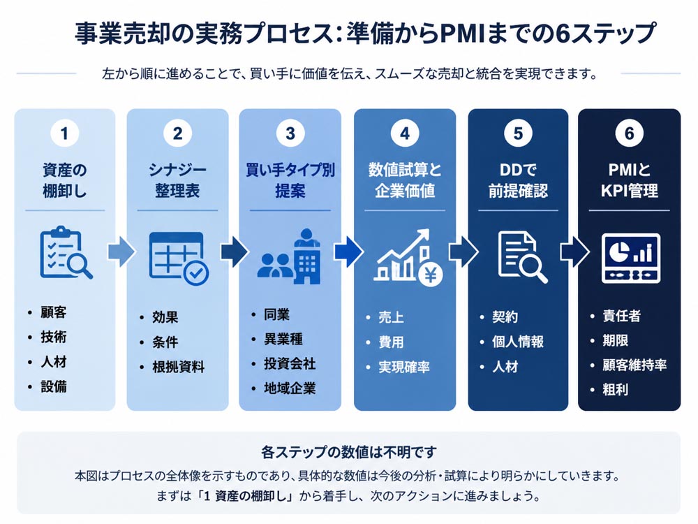 【文脈】事業売却前の準備からPMIまでの実務プロセスを一連の流れで示す図
