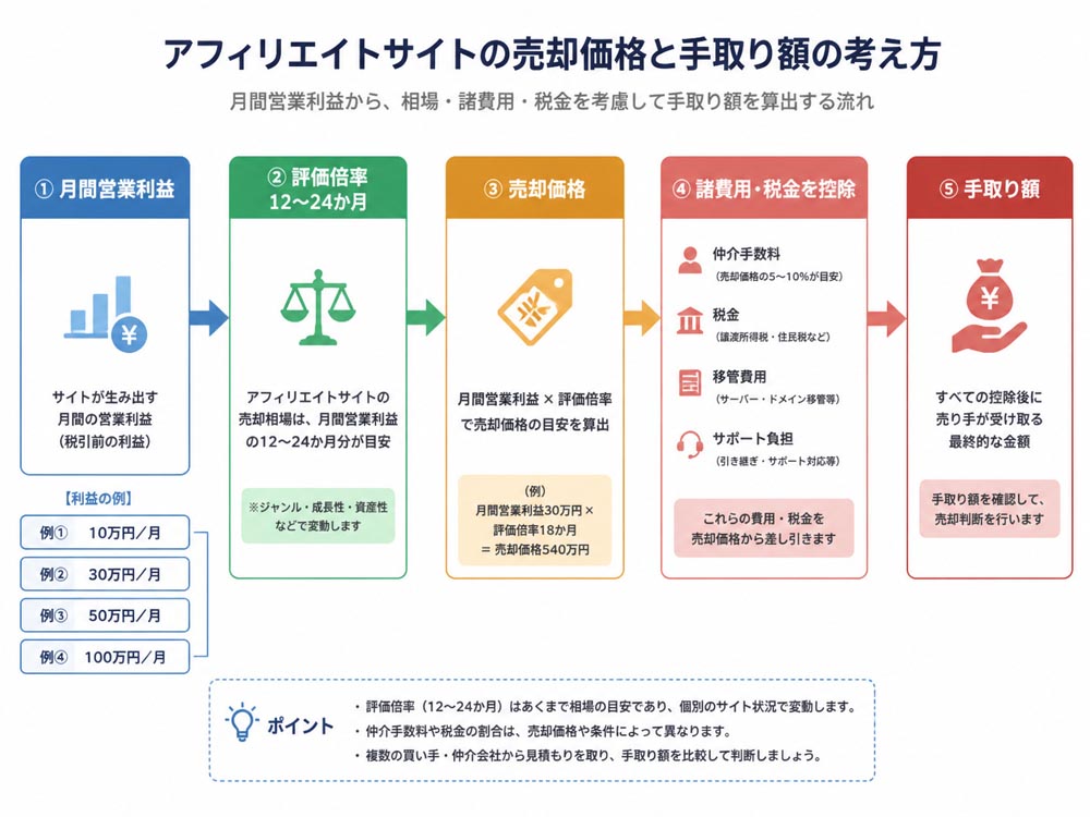 【文脈】アフィリエイトサイトの月間営業利益から売却価格と手取り額へ至る考え方を視覚化する図