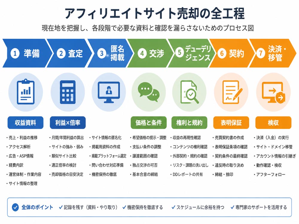 【文脈】アフィリエイトサイト売却の全工程を整理する図