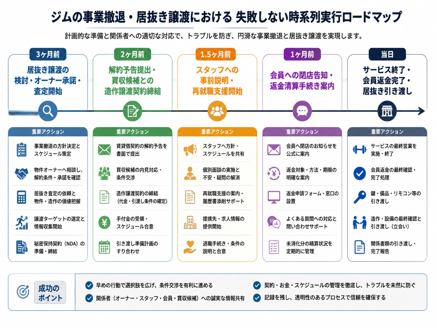 【文脈】ジムの事業撤退・居抜き譲渡における失敗しない時系列実行ロードマップ