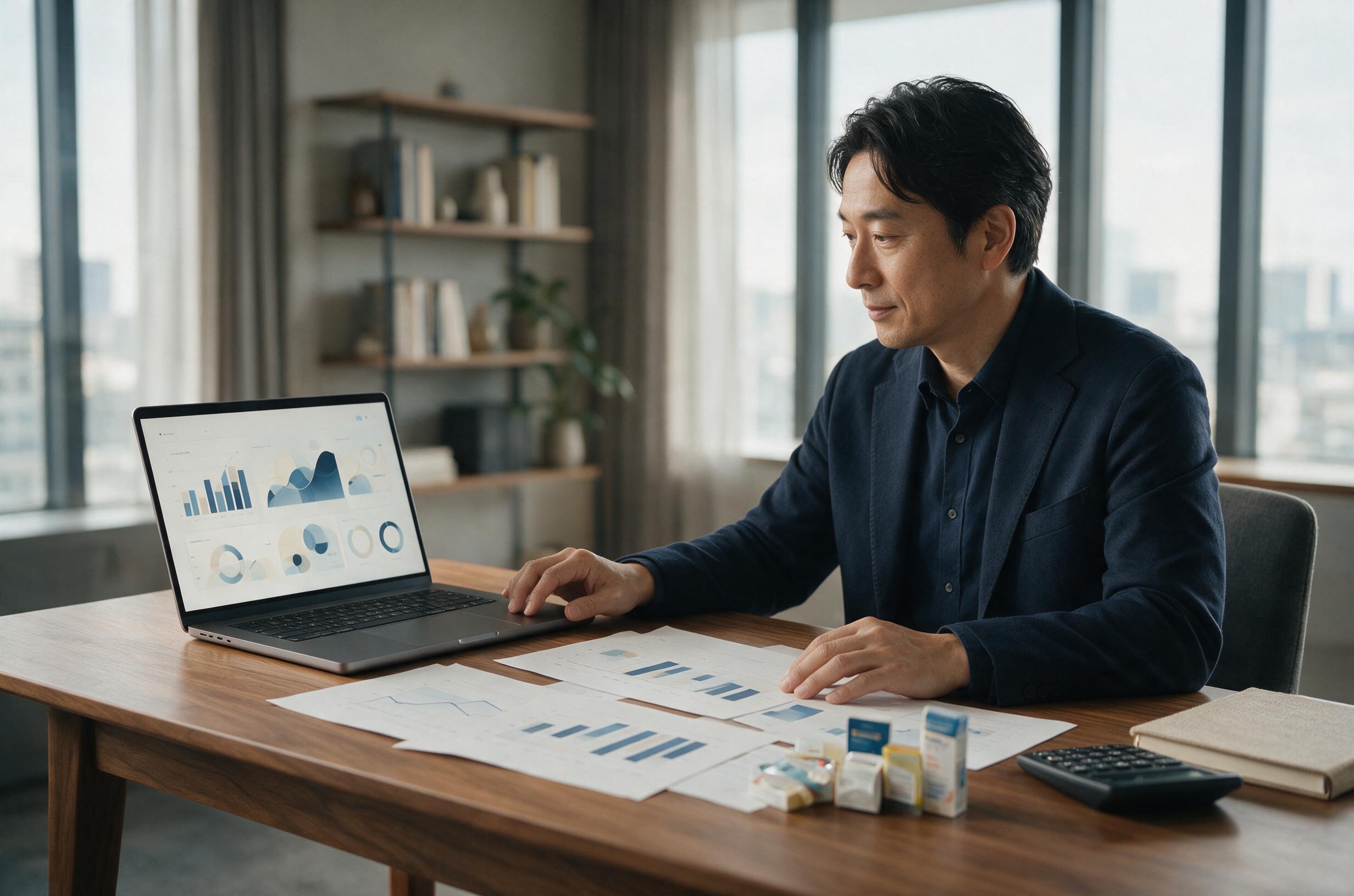 商品とデータを見ながらEC事業の価値を分析する日本人経営者