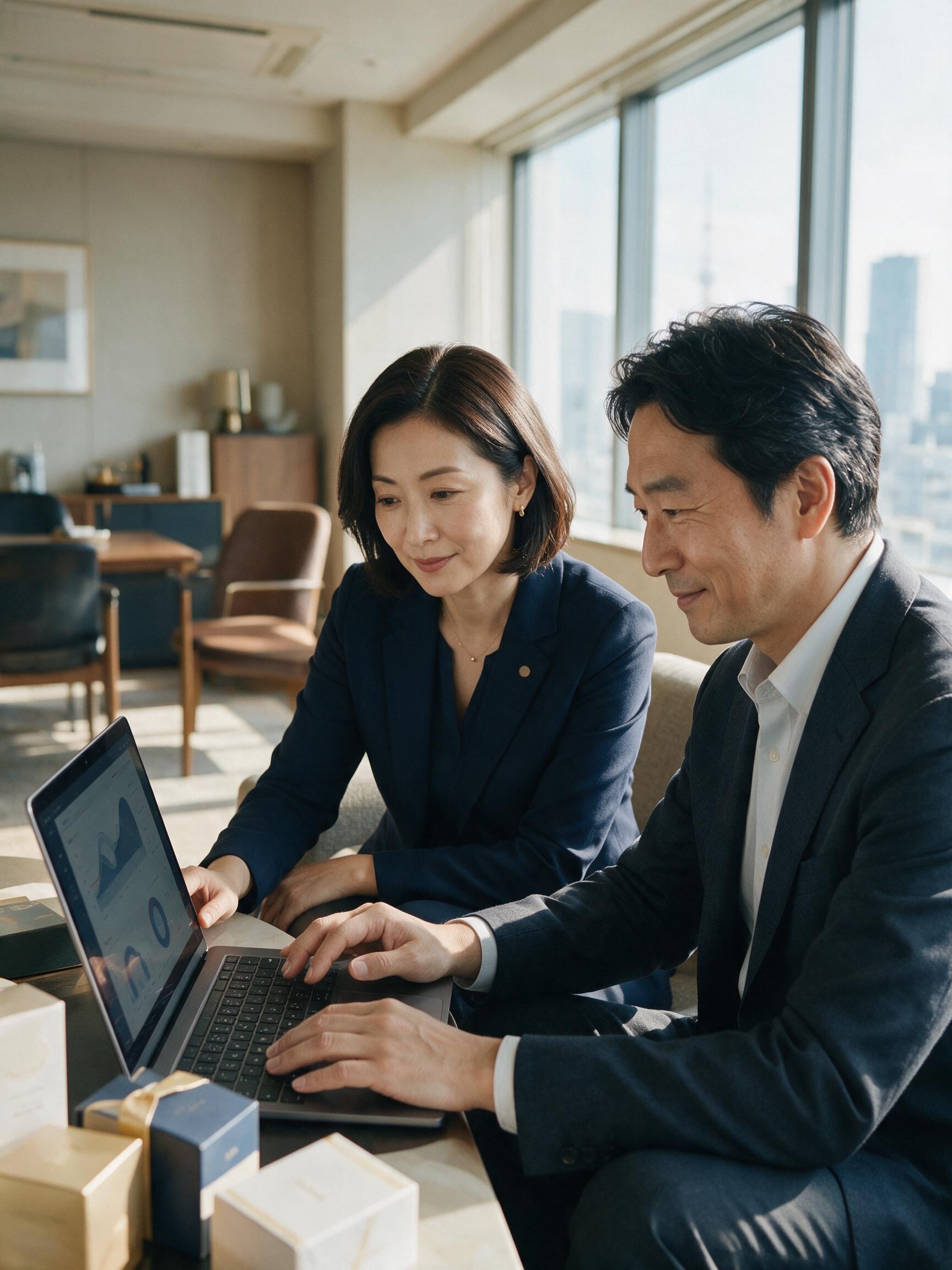 EC事業のデータを確認しながらM&Aについて話す日本人経営者とアドバイザー