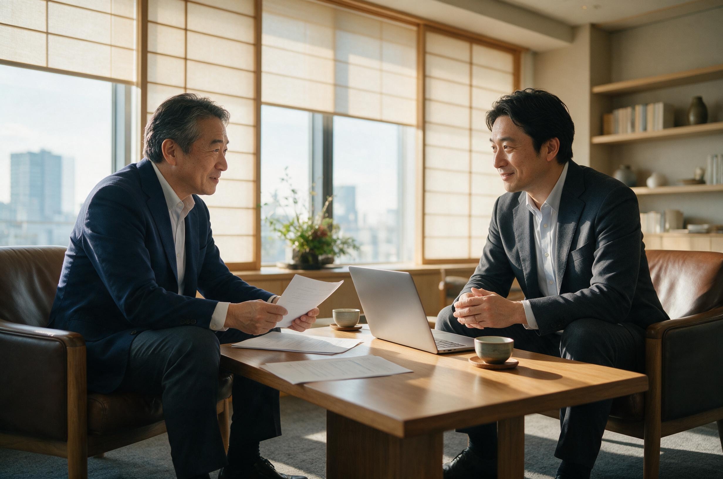 落ち着いたオフィスでM&A相談をする日本人経営者とアドバイザー
