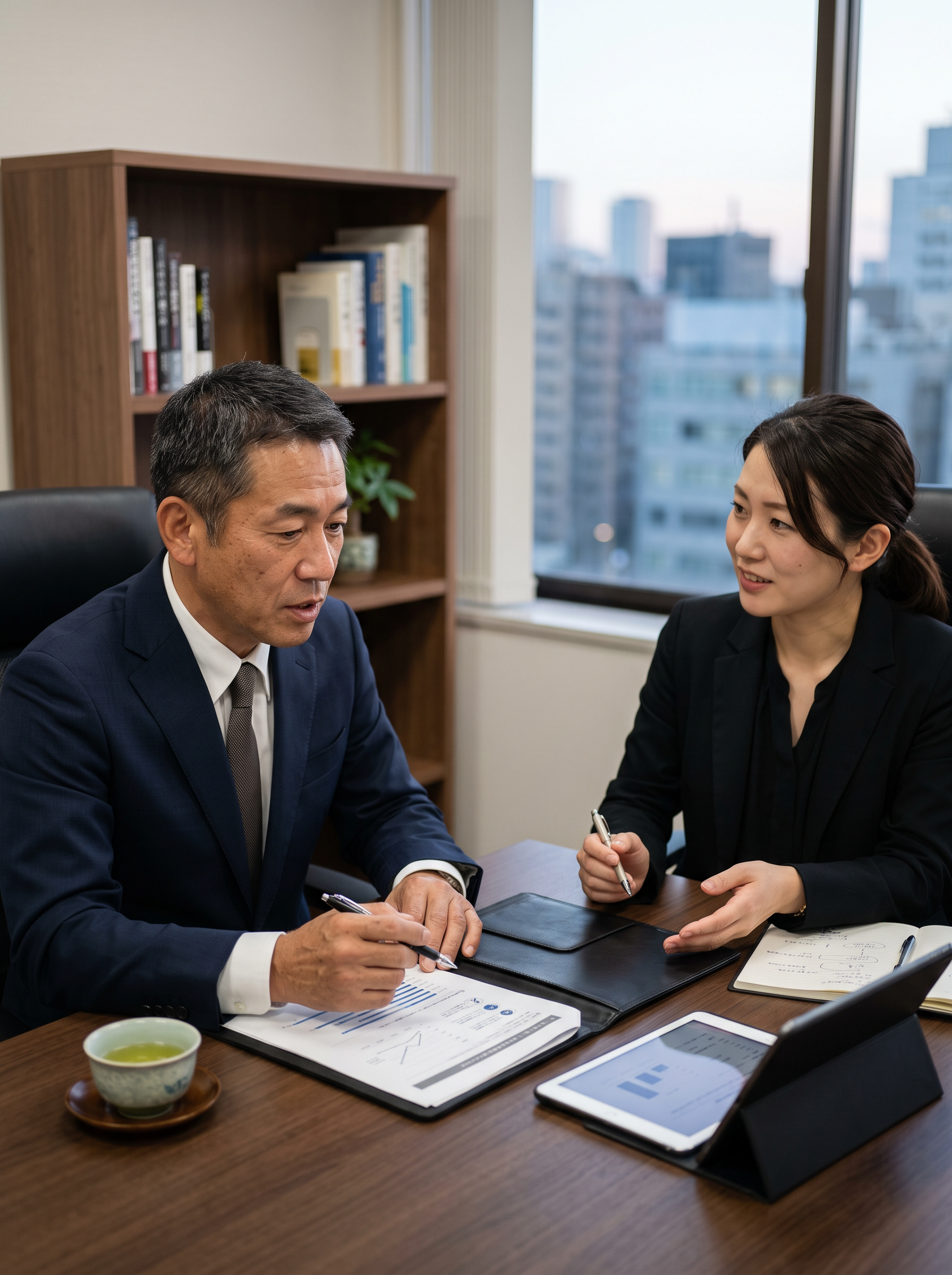 消防設備会社の事業承継について相談する経営者とM&Aアドバイザー