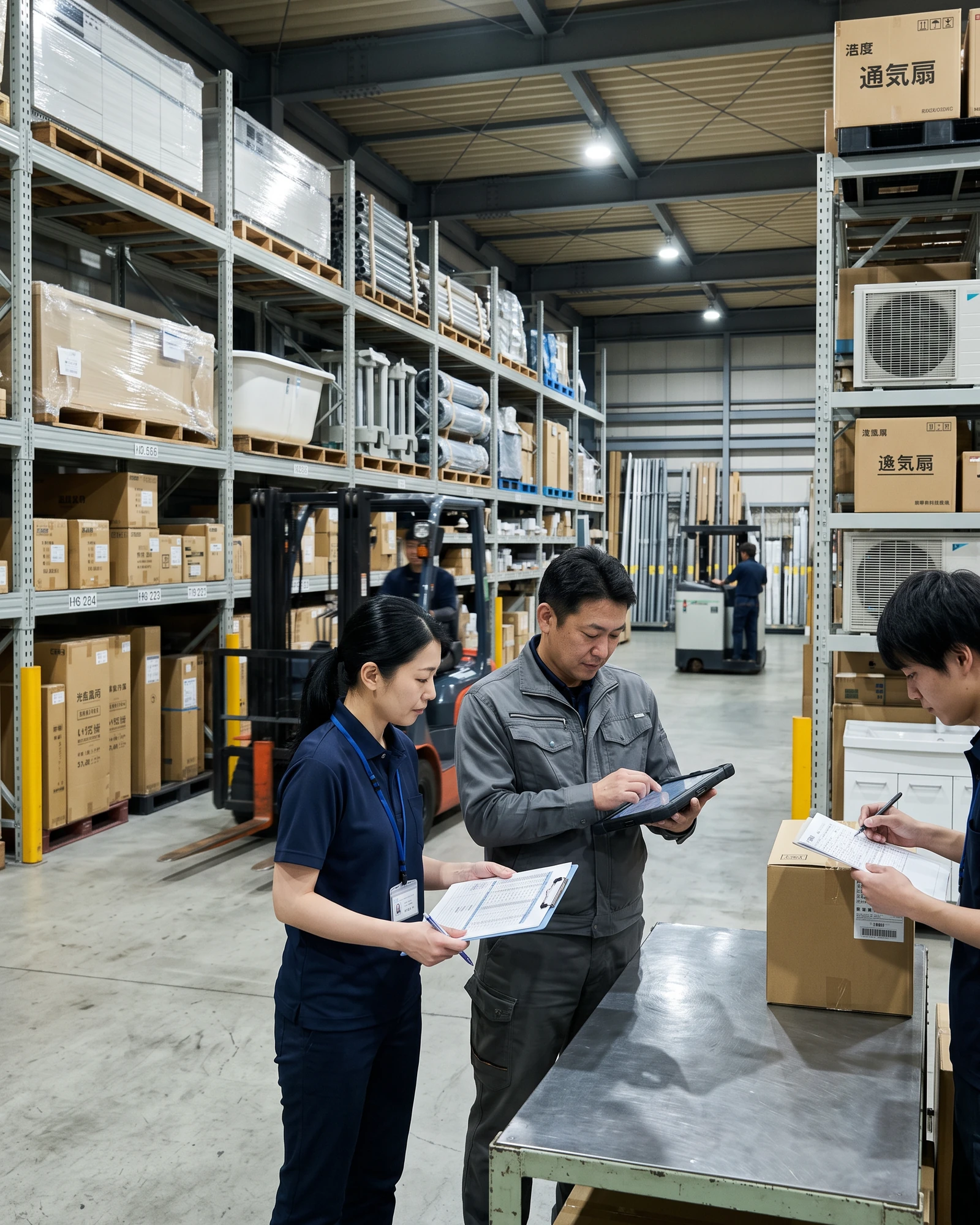 住宅設備商社の倉庫で在庫や配送予定を確認する営業・購買・物流担当者