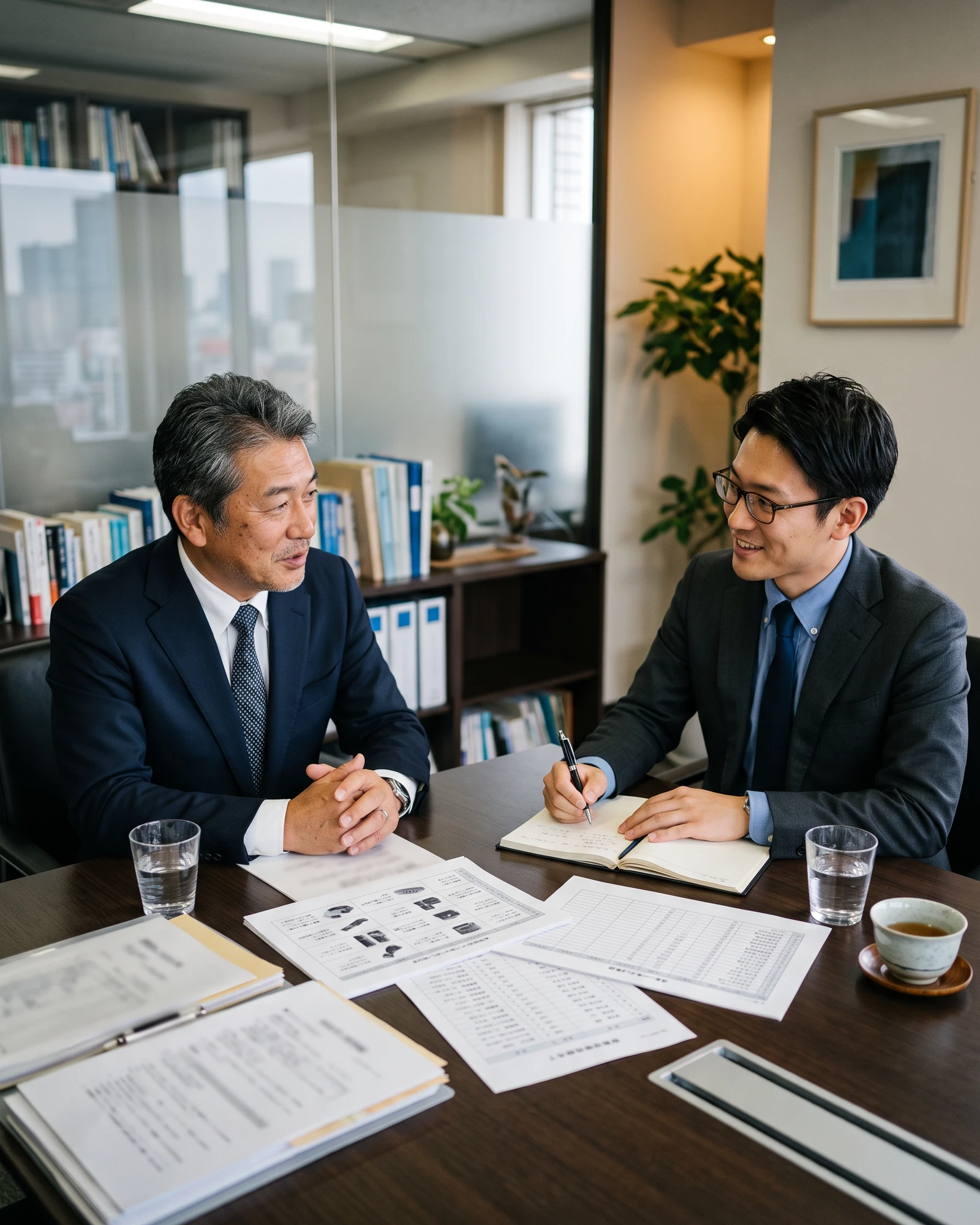 住宅設備商社の事業承継について相談する経営者とM&Aアドバイザー