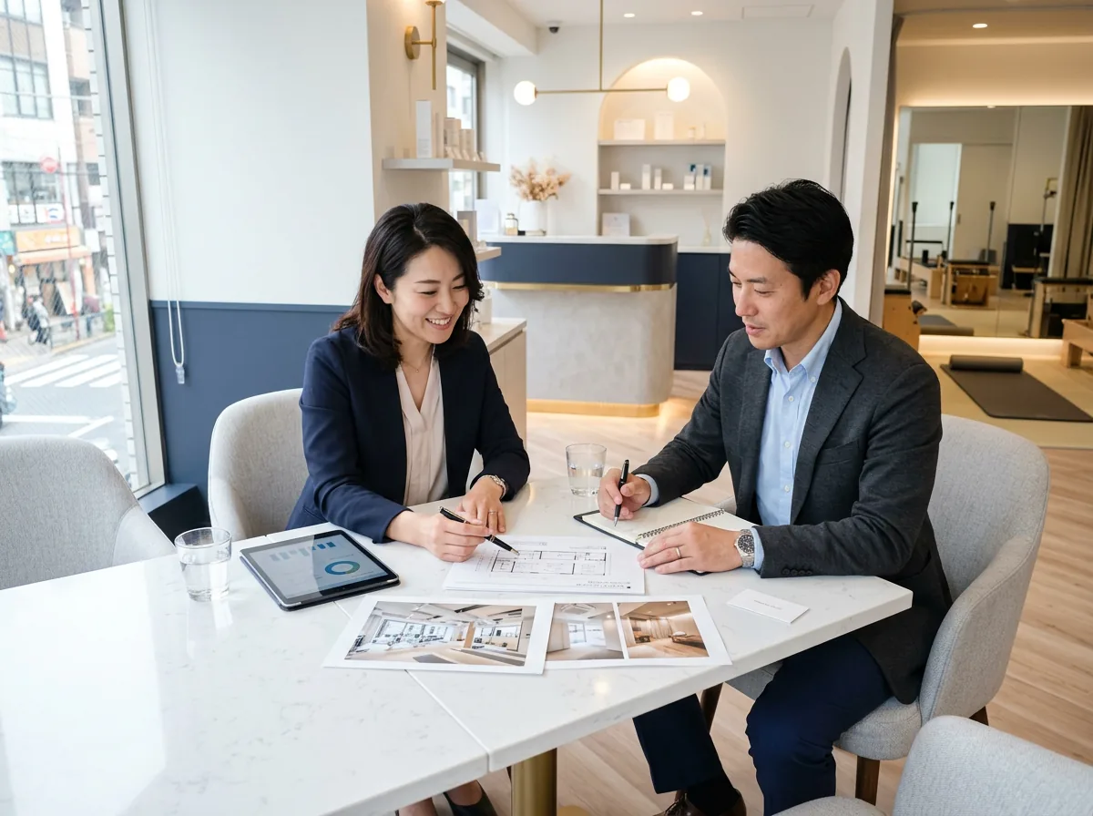 日本人の店舗オーナーと専門家が居抜き譲渡について相談している様子