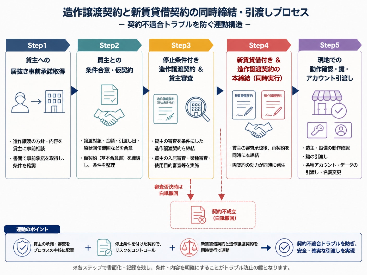 【文脈】造作譲渡契約と新賃貸借契約の同時締結および引渡しのプロセスを表すタイムライン・フロー図