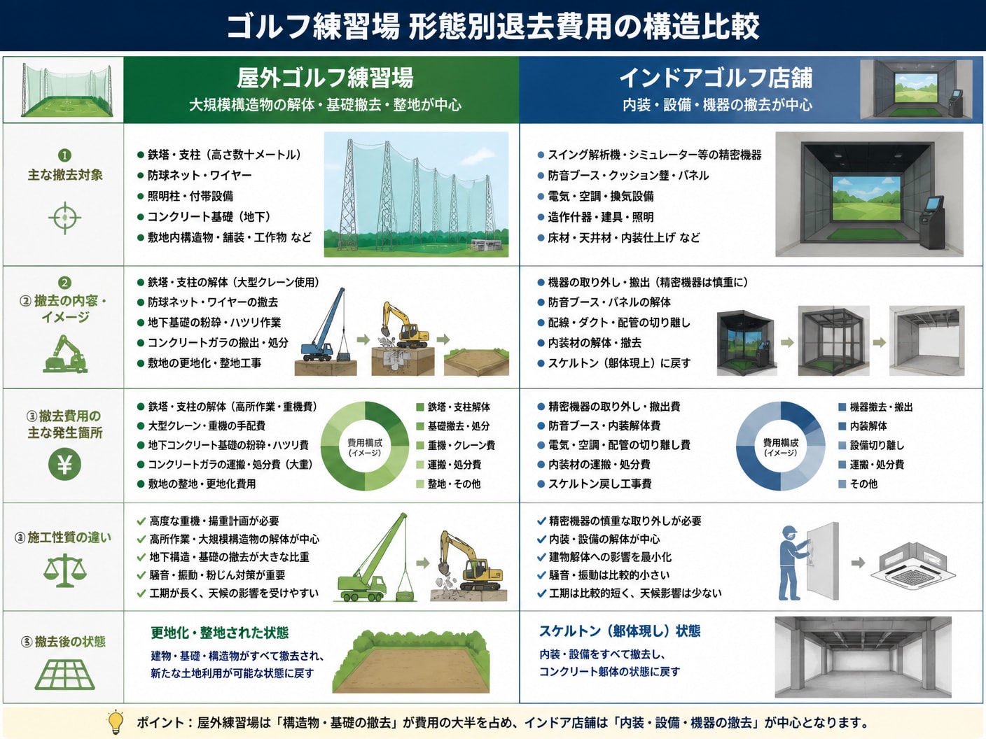 【文脈】屋外ゴルフ練習場とインドアゴルフ店舗における退去時の撤去構造の相違点を比較・整理する図解