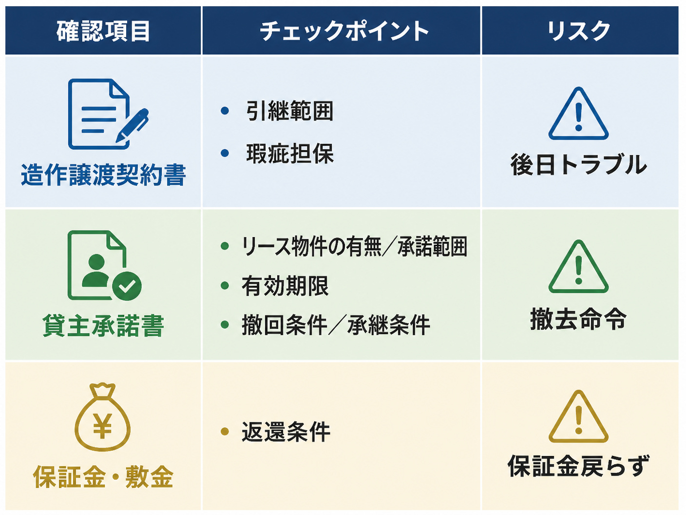 【文脈】借主側が確認すべき3つのポイントを比較表で示す