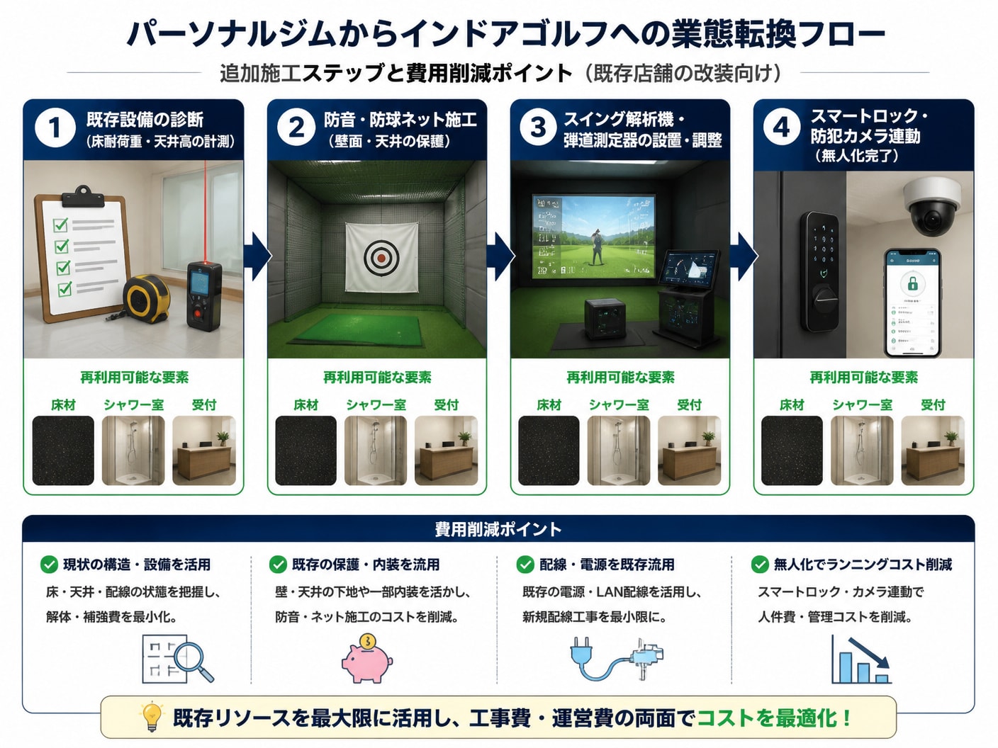 パーソナルジムからインドアゴルフへの業態転換における追加工事の実施フロー